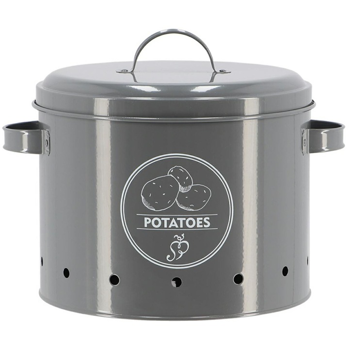 Recipient Pentru Alimente, Esschert Design, Metalic Si Durabil, Cu Orificii De Ventilatie Pentru Prospetime, Manere Comode Pentru Transport, Capac Solid, Capacitate 6 L, Stil Modern, Gri