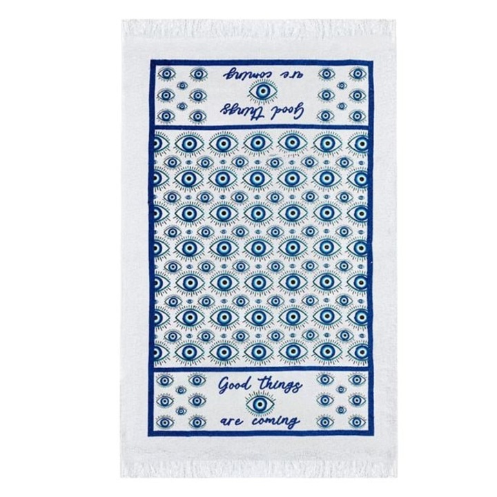Кухненска кърпа от бял памук с мотив "синьо око", 60x35 см - абсорбираща и в бохо стил - ANTBRO®