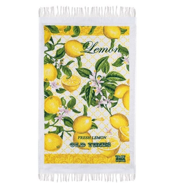 Кухненска кърпа от бял памук с принт на лимони, 60×35 см – абсорбираща и свеж летен стил – ANTBRO®