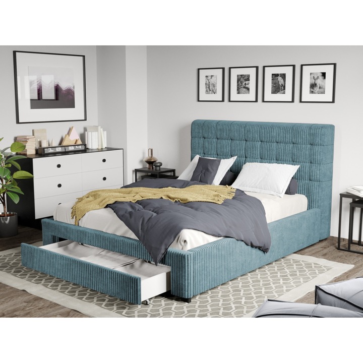 Pat Tapitat Rivo, Somiera fixa si Sertar, 160x200, Albastru deschis/Poso 26