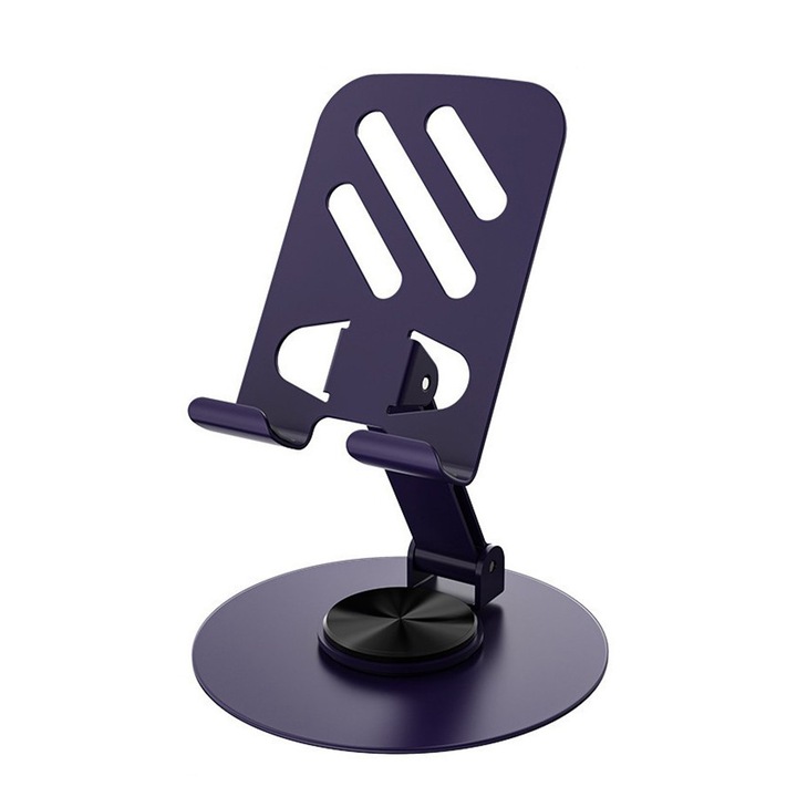 Suport rotativ pentru telefon, Flippy, Complet Metalic, Pliabil, Design Modern pentru Desktop, Multifunctional, Compatibil cu Tableta, 10.5 x 9 x 9 cm, 80 g, Mov