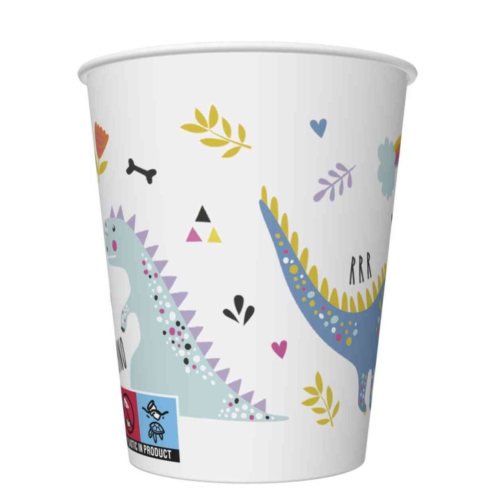 Pahar de hartie cu dinozauri amuzante, 8 buc., 250 ml