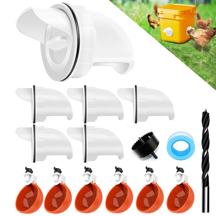 Omelivon® Automata Etető és Itató Szett Baromfiaknak, 6 Etetőnyílással és 6 Itatópohárral, Fúróval és Tömítőszalaggal, Csirkék, kacsák, libák, pulykák és nyulak számára, Fehér és narancssárga