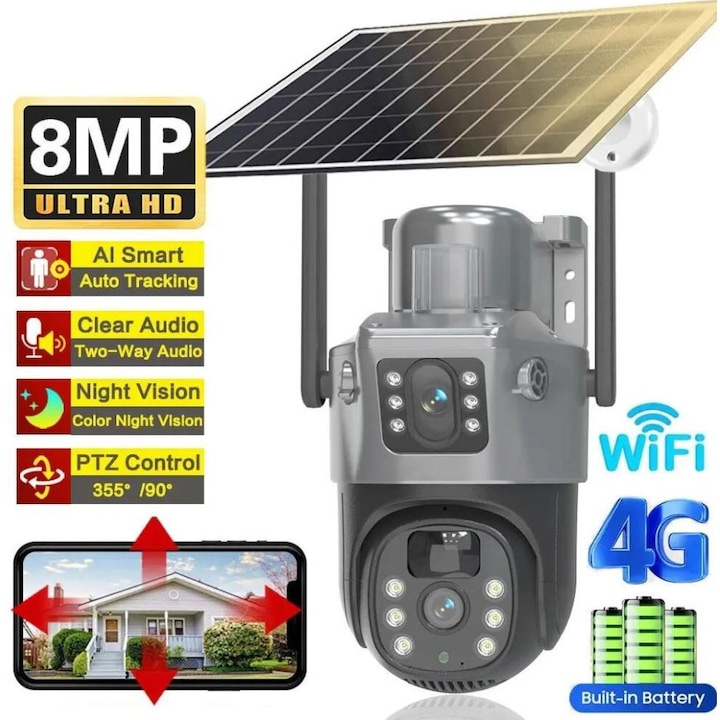 Okoskamera AI V380 Pro Videómegfigyelés 4G SIM Napelemes Maxi Dupla Lencse 4k 8MP Ultra Autonómia 20h IP66 + MicroSD Kártya 64GB