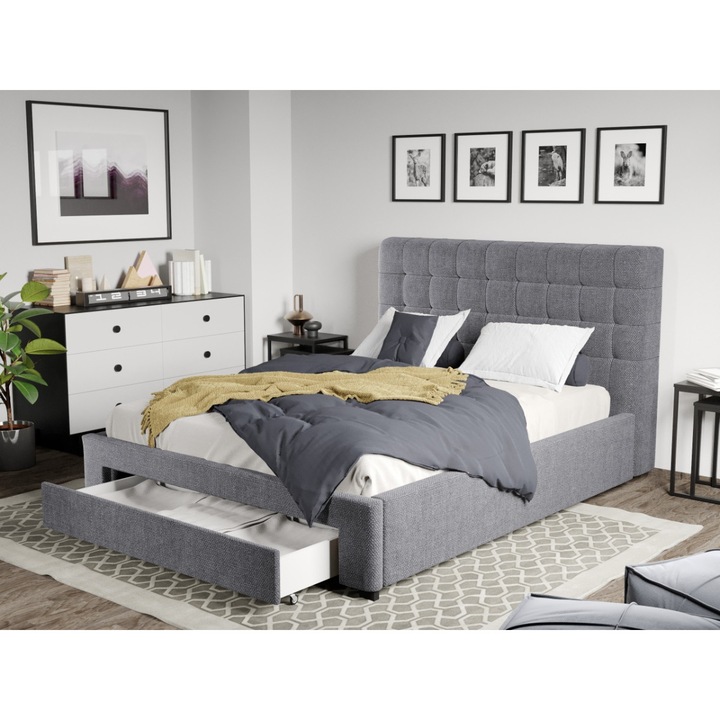 Pat Tapitat Rivo, Somiera fixa si Sertar, 160x200, Gri/Eden 18