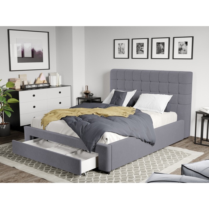 Pat Tapitat Rivo, Somiera fixa si Sertar, 160x200, Gri/Swing 17