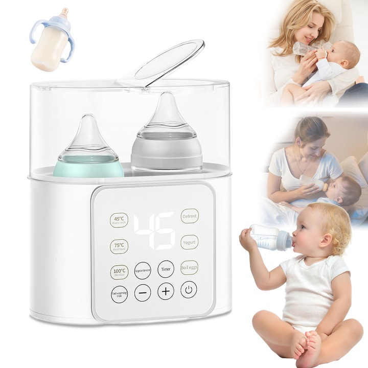 Многофункционален двоен затоплящ и стерилизиращ уред за шишета, JFYU®, 9 в 1, 24-часова постоянна температура, бързо затопляне на мляко и храна, размразяване, варене, таймер, регулируема температура, двойно отделение за шишета, LCD екран, бял