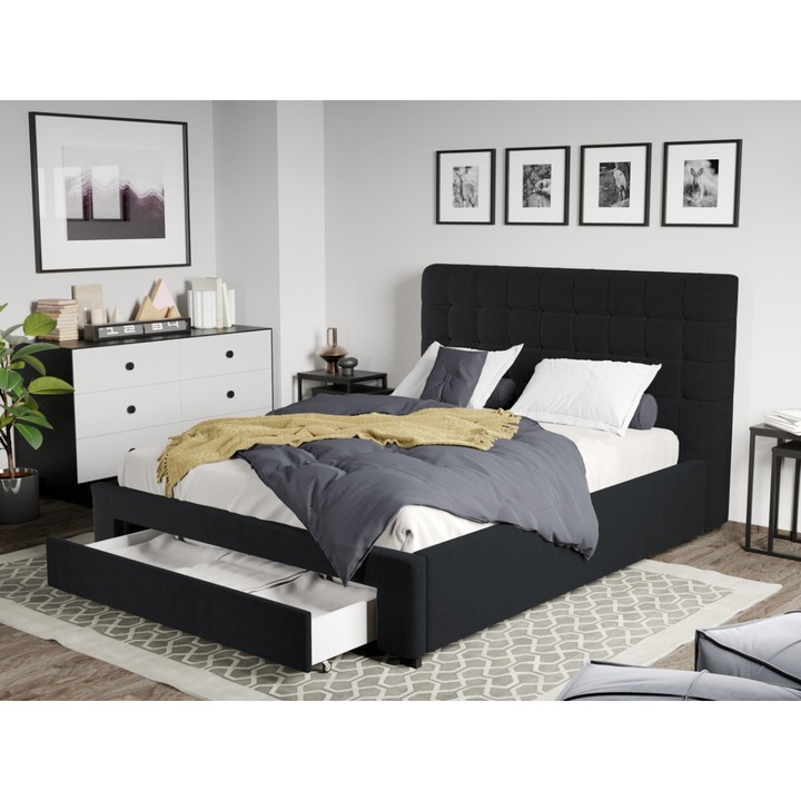 Pat Tapitat Rivo, Somiera fixa si Sertar, 160x200, Negru/Falcone 14