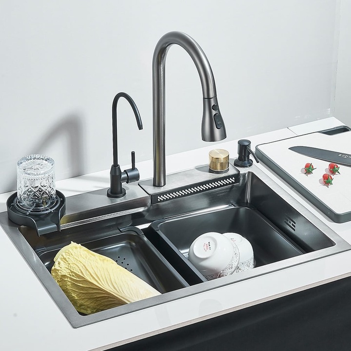 BisDesign Multifunkciós Mosogató, Minden Tartozékkal, Kihúzható Zuhany Funkciós Kifolyó, ABS Vágódeszka, Pohármosó, Adagoló, Szűrt Víz, Tapadásmentes Anyag, Vízesés Funkció, Grafitszürke Felület, 60x45 cm