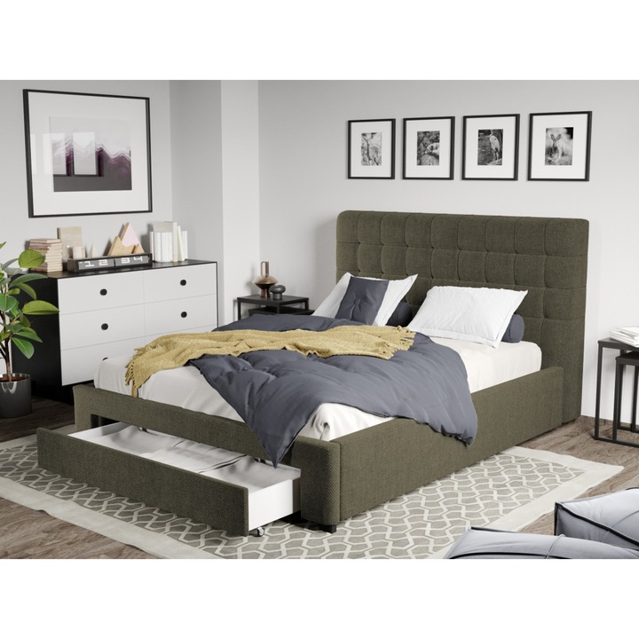 Pat Tapitat Rivo, Somiera fixa si Sertar, 160x200, Verde inchis/Eden 12