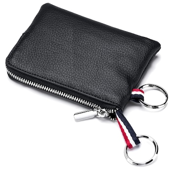 Portofel chei pentru barbati, ZGGZERG, Organizare compacta, Cu fermoar si breloc, sloturi pentru carduri, Impermeabil si rezistent la rugina, Pentru bancnote, carduri si monede, Piele PU, 10.5 * 1 * 7.5 cm, Negru