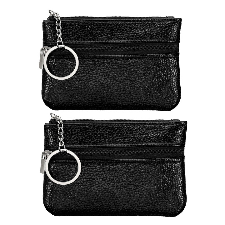 Set 2 Portofel chei pentru, ZGGZERG, 4 compartimente, Organizare compacta, Unisex, Cu fermoar si breloc, sloturi pentru carduri, Impermeabil si rezistent la rugina, Pentru bancnote, carduri si monede, Piele PU, 11.5*7.5*1cm, Negru