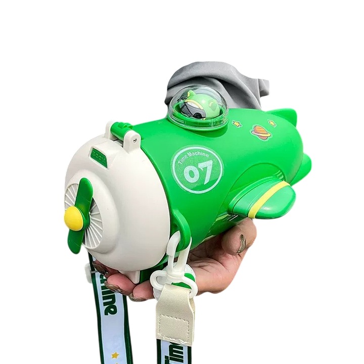 Детска бутилка за вода Mixbo, със сламка и каишка, модел самолет, зелена, 500 мл