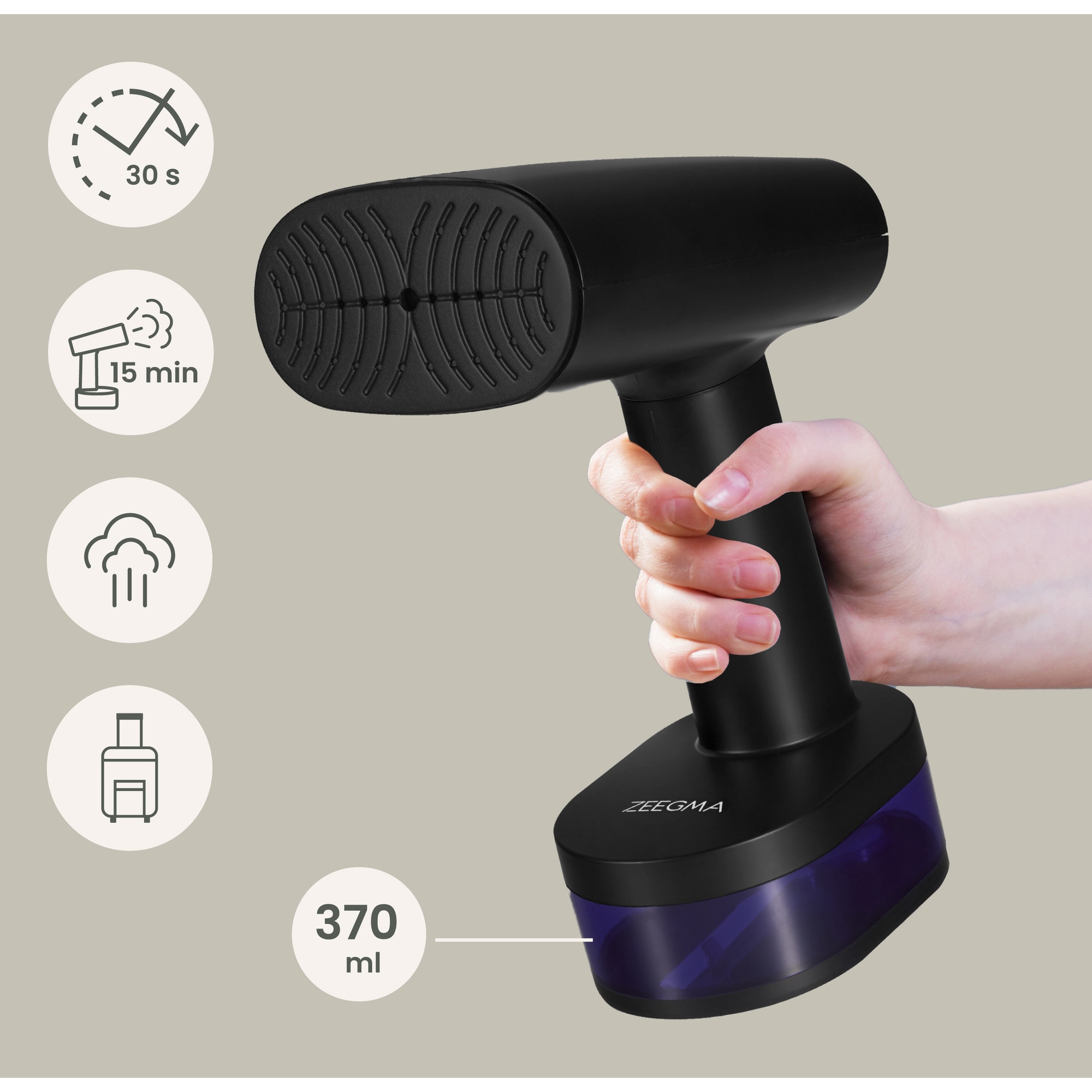 Aparat de calcat vertical cu abur, Zeegma Steamee, 370 ml, 1640 W, 25 g/min, Handig, Negru