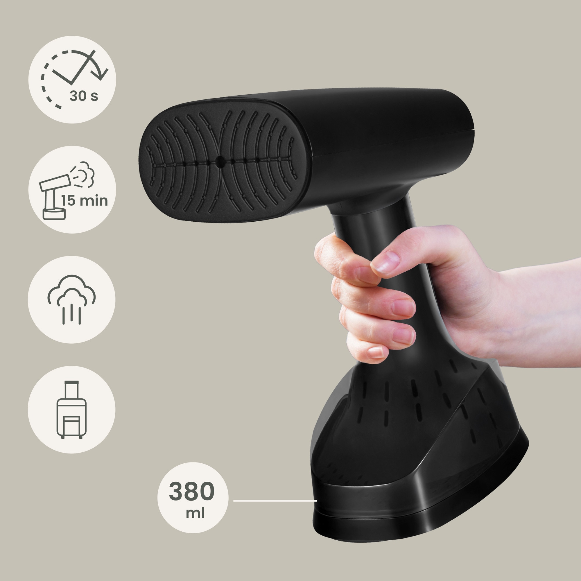 Aparat de calcat vertical cu abur, Zeegma Friskeer, 380 ml, 1640 W, 25 g/min, Handig, Negru