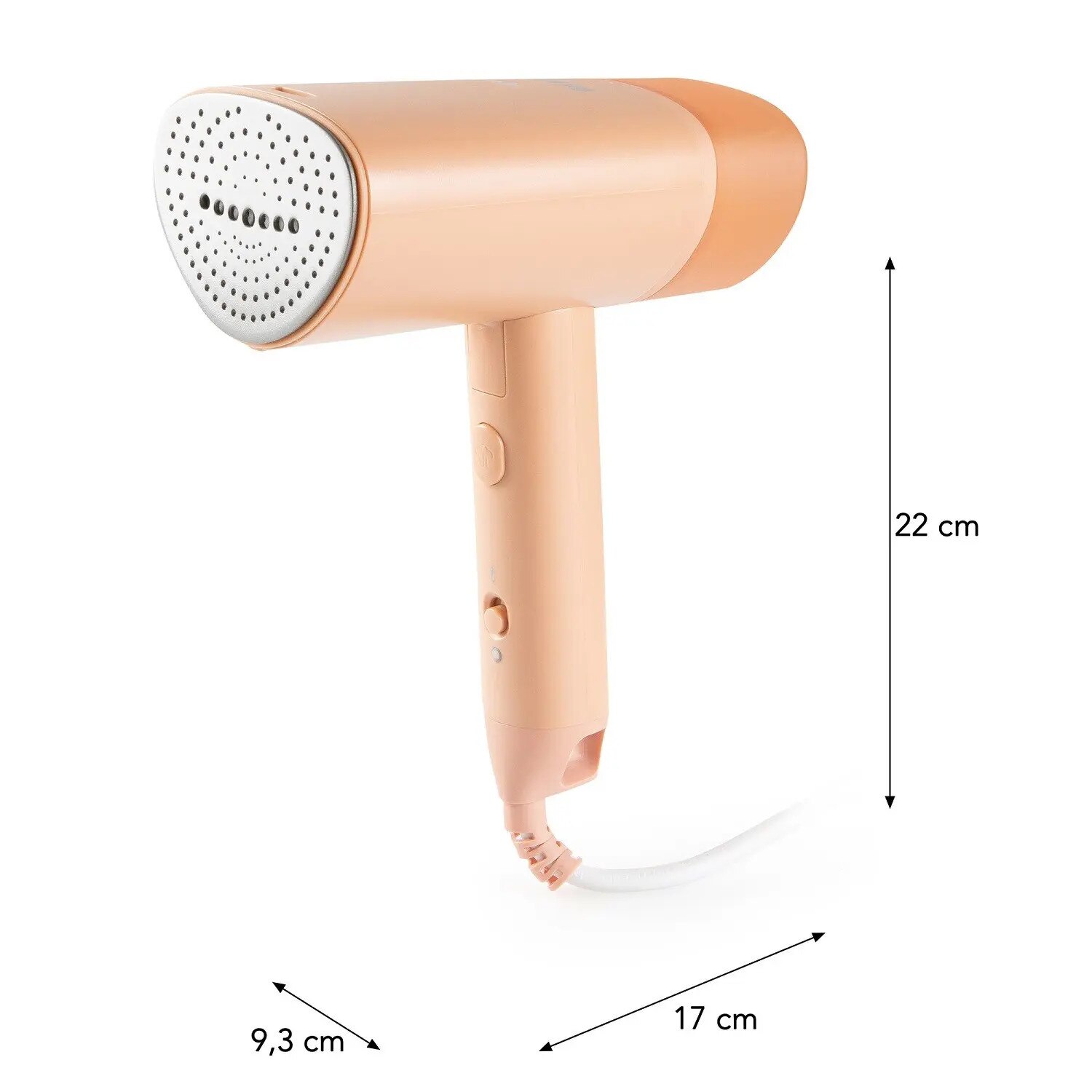 Aparat de calcat cu aburi pliabil DOMO, ideal pentru vacante, portabil, calcare verticala, talpa din ceramica, control nivel aburi, ideal pentru toate tipurile de material, portocaliu pastel