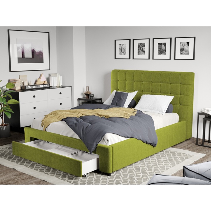 Pat Tapitat Rivo, Somiera fixa si Sertar, 160x200, Verde/Falcone 22