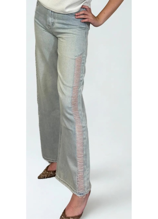 Női farmer, bő szárú, oldalsó kivágással, Zöld