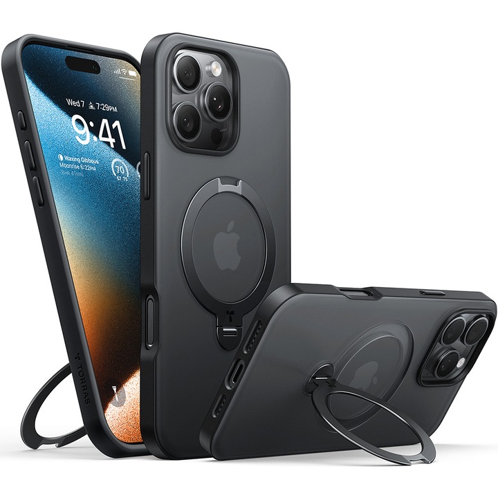 iPhone 16 Pro tok – Torras Ostand Spin MagSafe sorozat – fekete