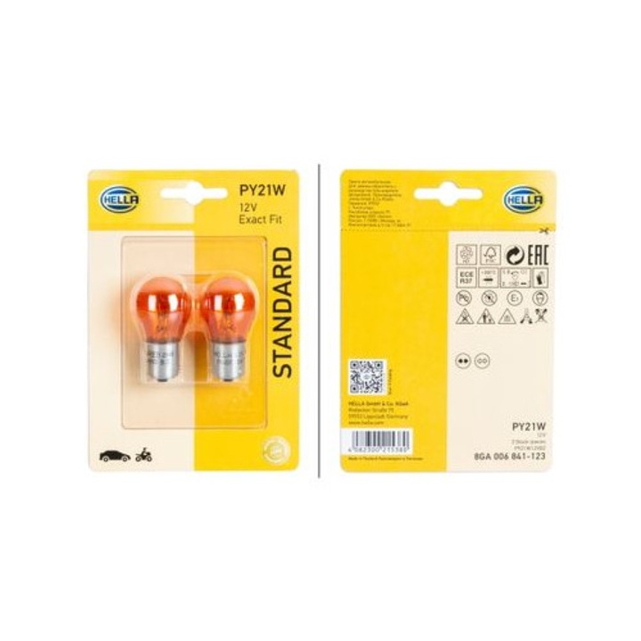 Bec semnalizator Hella, PY21W, 12V 21W halogen, montare fata si spate, soclu BAU15s
