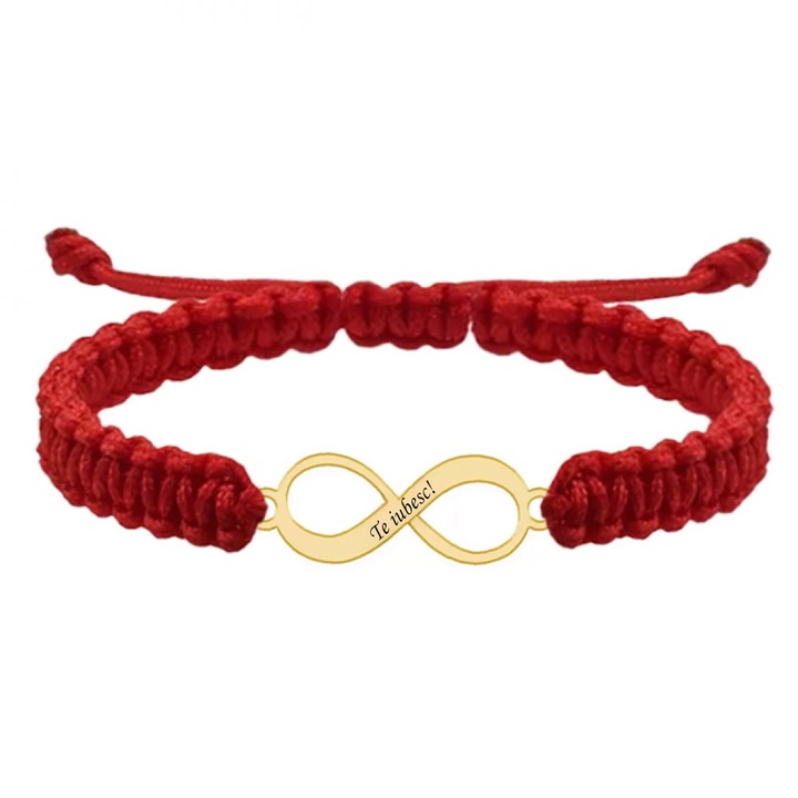 Bratara Personalizata Infinit "Te Iubesc!" Snur Rosu, Argint 925 placat cu aur 24K - Saray