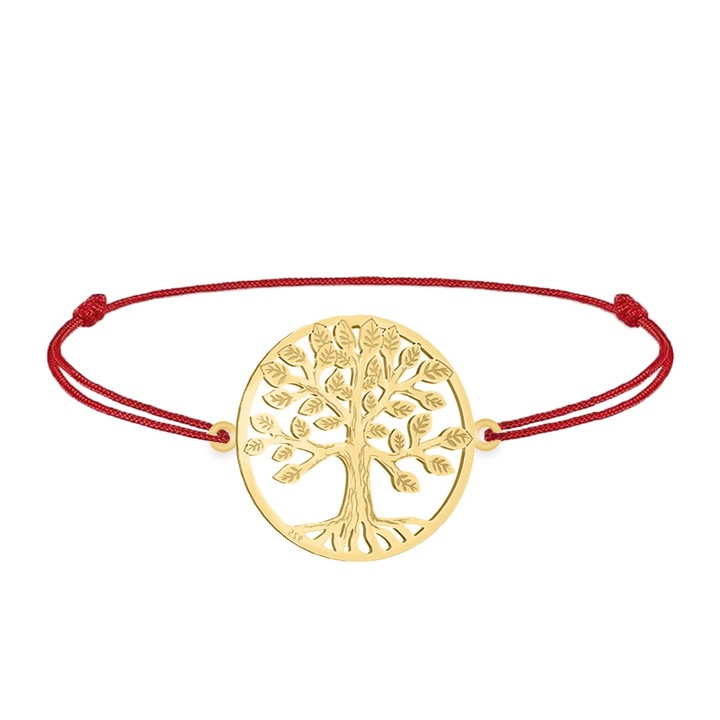 Bratara Personalizata Copacul Vietii, Snur Rosu, Argint 925 Placare Aur 24K - July - BijuBOX