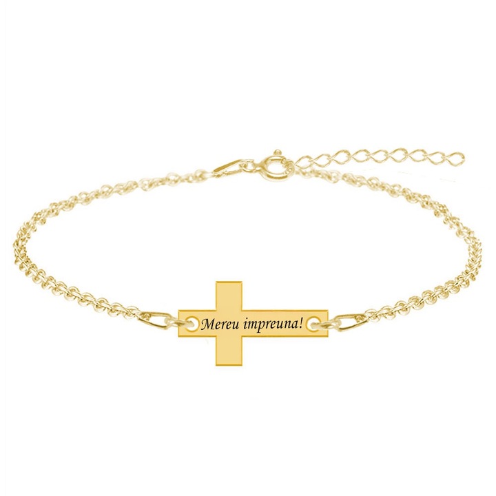 Bratara personalizata cu cruce "Mereu impreuna!", argint 925 placat cu aur 24K - Crux BijuBOX
