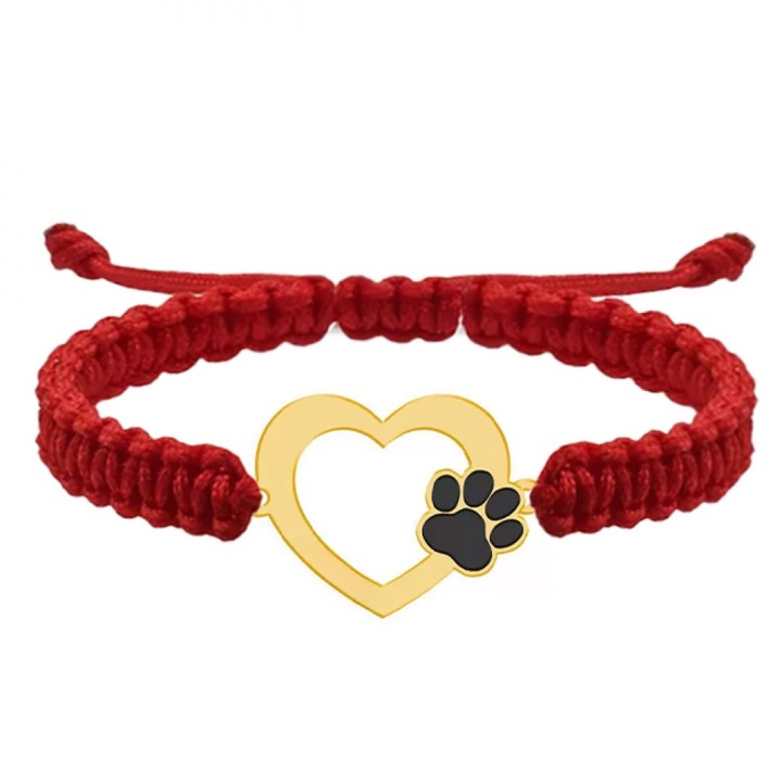 Bratara personalizata inimioara si labuta, snur rosu, argint 925 placat cu aur 24K - Paw Lover