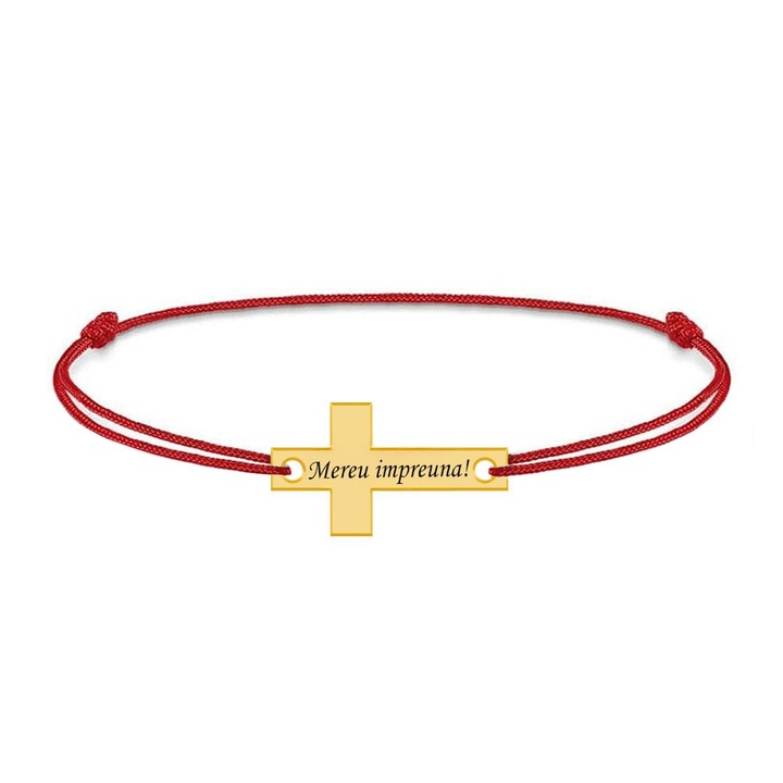 Bratara personalizata cu cruce "Mereu impreuna!", snur rosu, argint 925 placat cu 24K aur galben