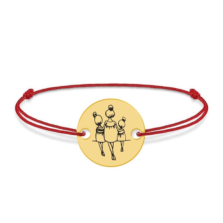 Bratara personalizata Mama si fetite, snur rosu, argint 925 placat cu aur 24K - Felicia