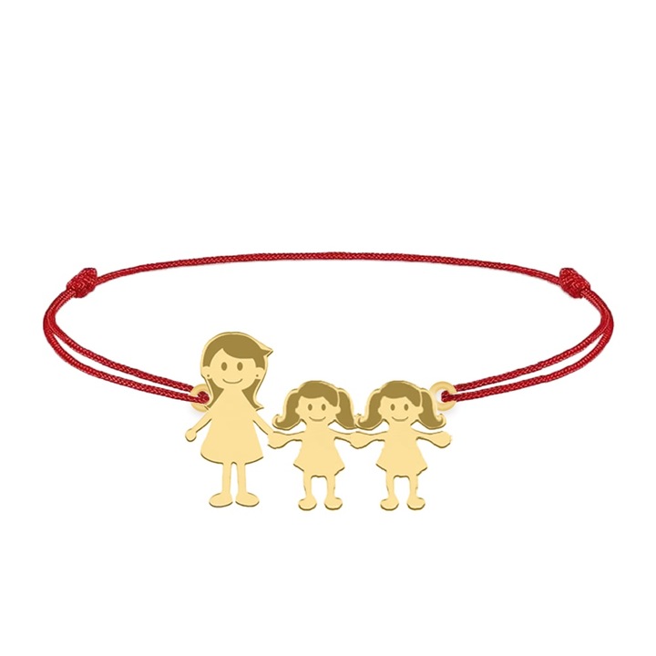 Bratara personalizata Familie Mama si Doua Fetite, Snur Rosu, Argint 925 placat cu aur 24K