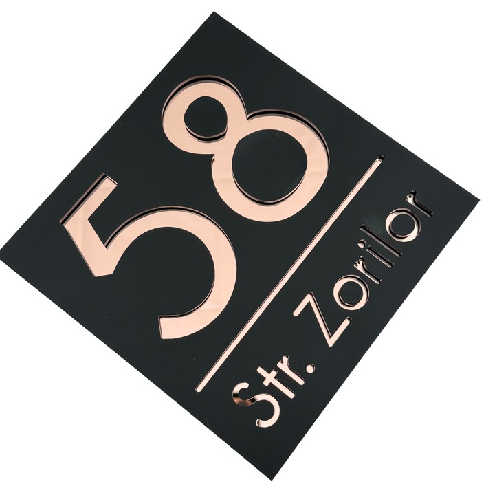 Placuta numar casa, Negru Satinat, Roze Auriu Oglinda, 17x17cm