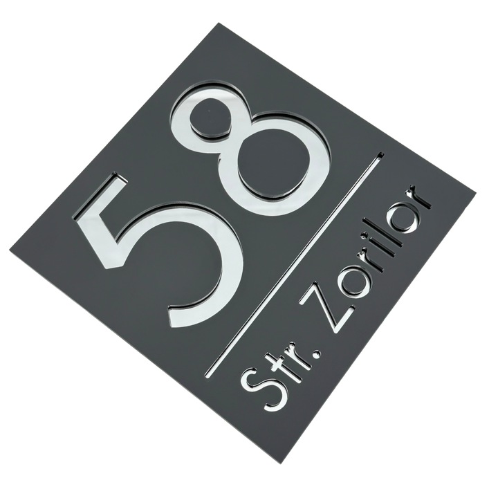 Placuta numar casa, Gri Satinat, Argintiu Oglinda, 17x17cm