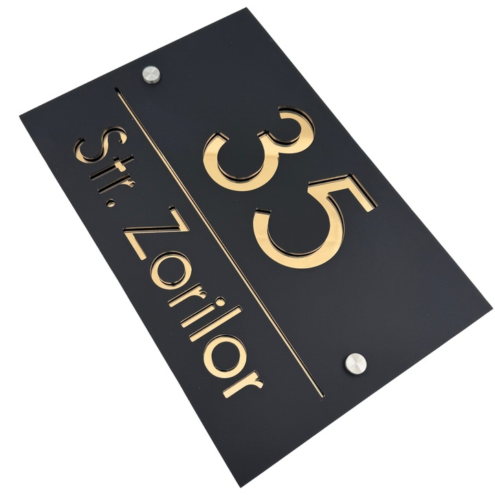 Placuta numar casa, Negru Satinat, Auriu Oglinda, 2 Distantieri Argintii, 30x20cm