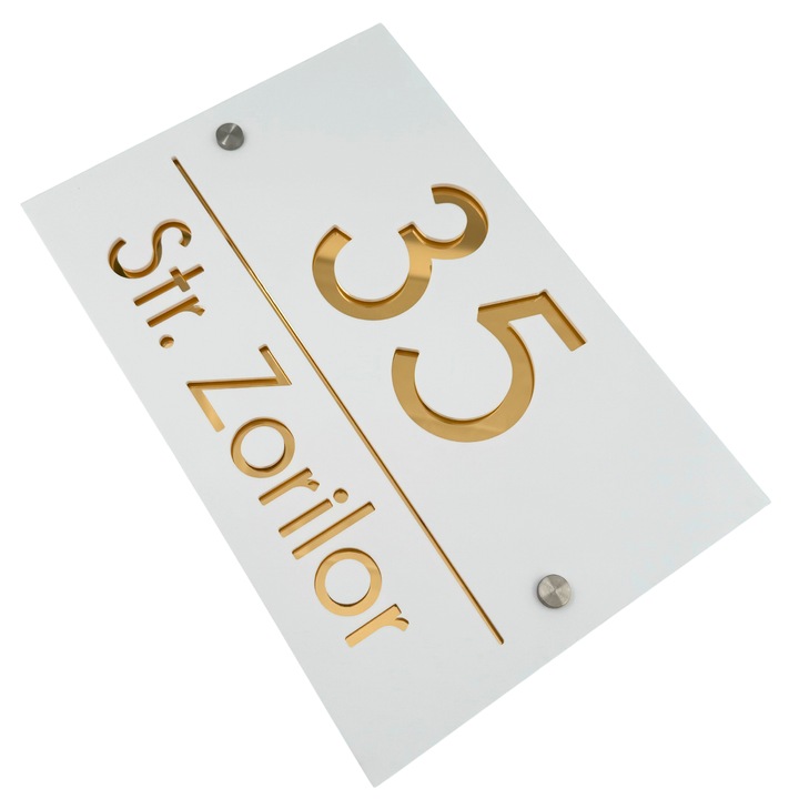 Placuta numar casa, Alb Satinat, Auriu Oglinda, 2 Distantieri Argintii, 30x20cm