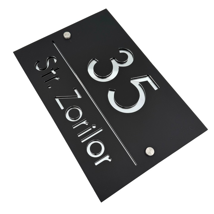Placuta numar casa, Negru Satinat, Argintiu Oglinda, 2 Distantieri Argintii, 30x20cm