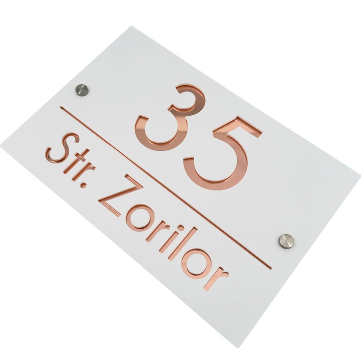 Placuta numar casa, Alb Satinat, Roze Auriu Oglinda, 2 Distantieri Argintii, 30x20cm