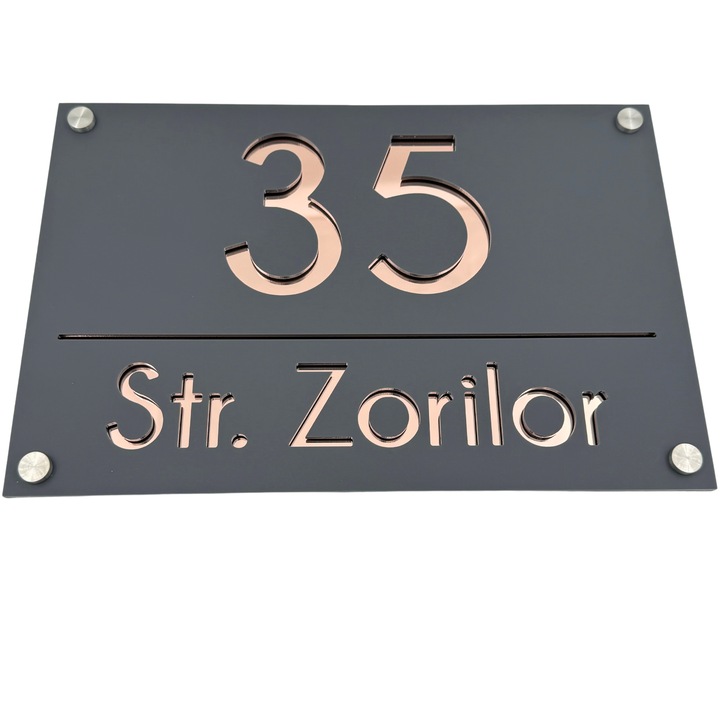 Placuta numar casa, Gri Satinat, Roze Auriu Oglinda, 4 Distantieri Argintii, 30x20cm