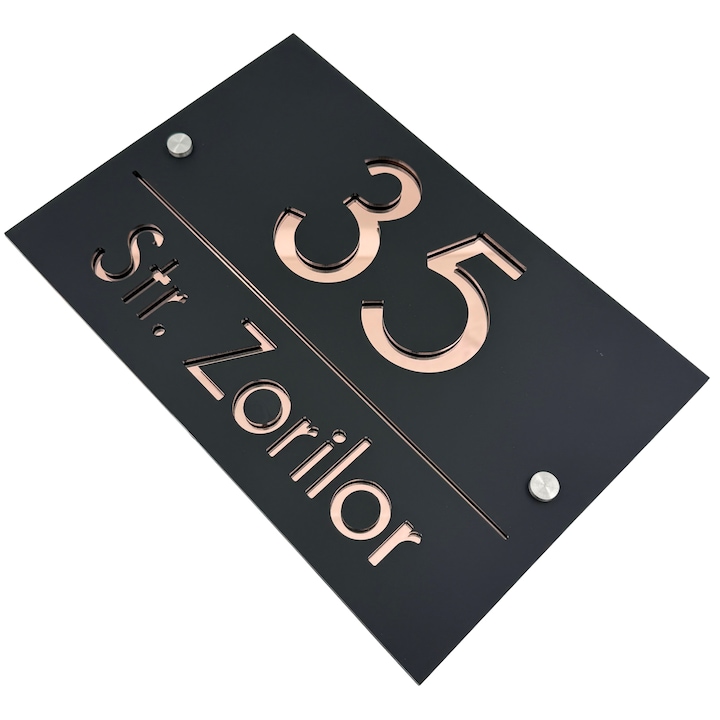 Placuta numar casa, Negru Satinat, Roze Auriu Oglinda, 2 Distantieri Argintii, 30x20cm