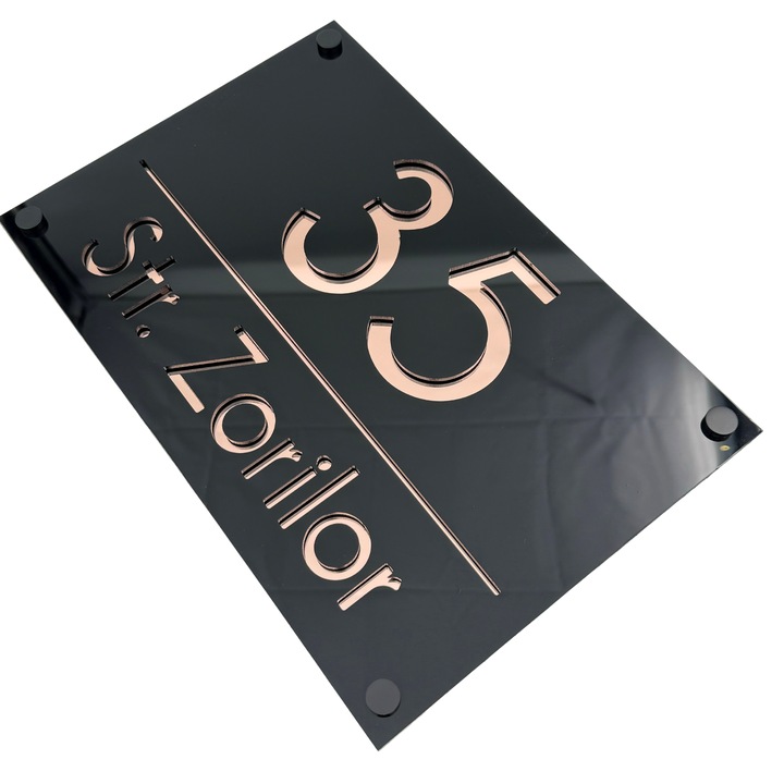 Placuta numar casa, Negru Lucios, Roze Auriu Oglinda, 4 Distantieri Negrii, 30x20cm