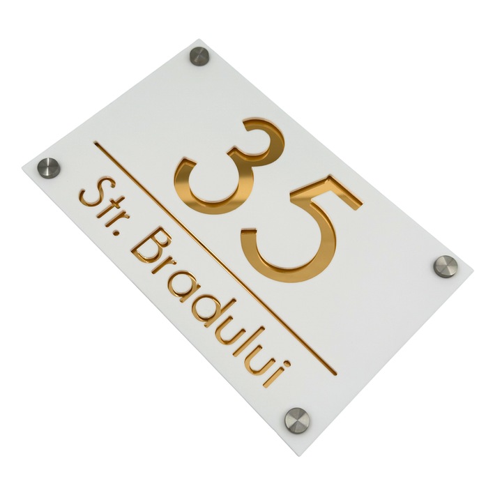 Placuta numar casa, Alb Satinat, Auriu Oglinda, 4 Distantieri Argintii, 24x15cm