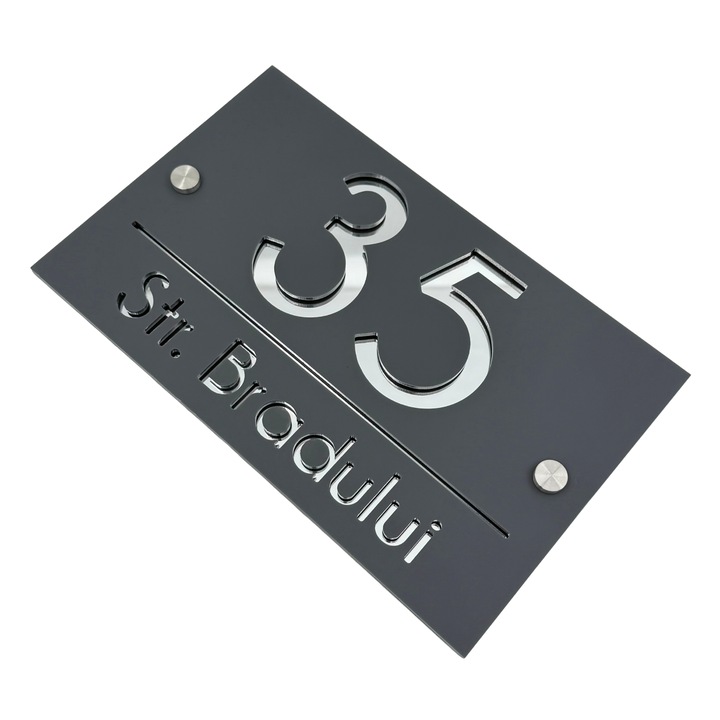 Placuta numar casa, Gri Satinat, Argintiu Oglinda, 2 Distantieri Argintii, 24x15cm