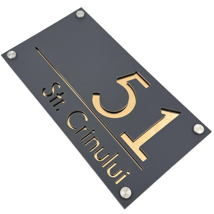 Placuta numar casa, Gri Satinat, Auriu Oglinda, 4 Distantieri Argintii, 28x15cm