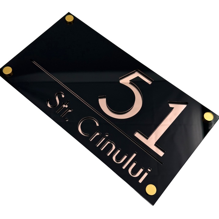 Placuta numar casa, Negru Lucios, Roze Auriu oglinda, 4 Distantieri Aurii, 28x15cm