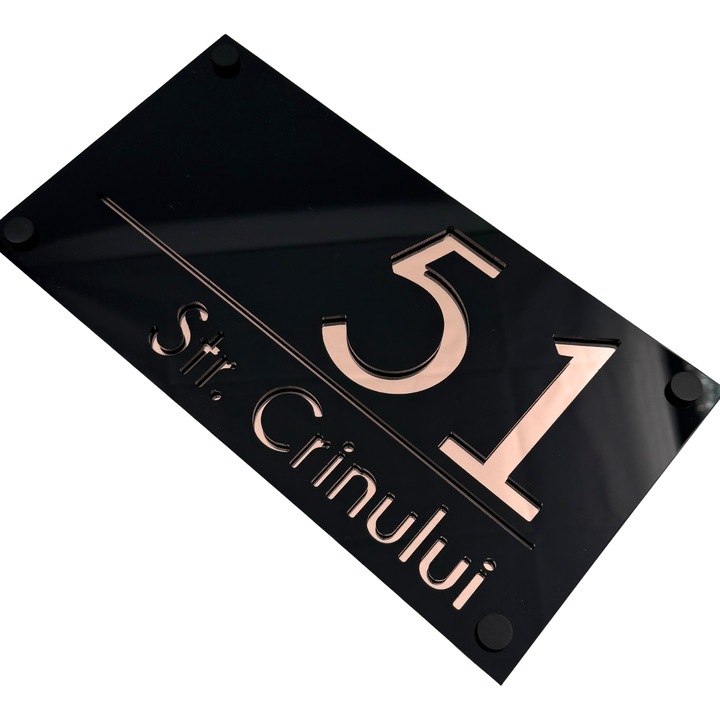 Placuta numar casa, Negru Lucios, Roze Auriu Oglinda, 4 Distantieri Negrii, 28x15cm