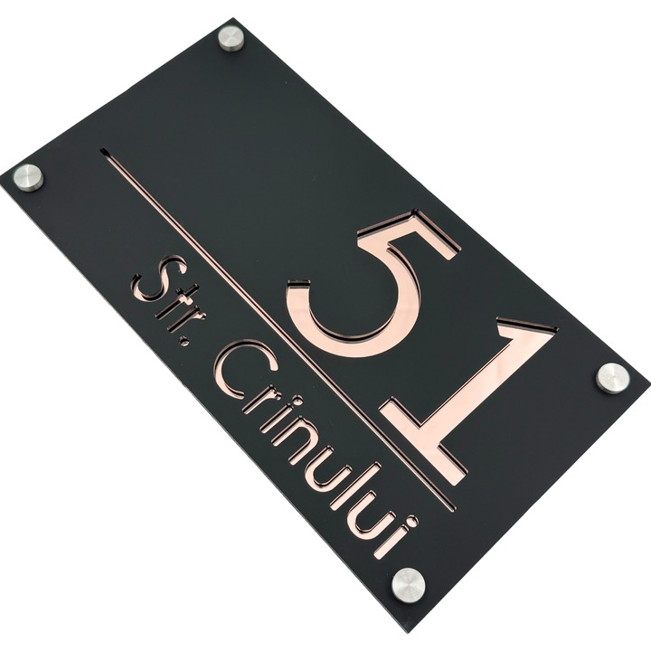 Placuta numar casa, Negru Satinat, Roze Auriu Oglinda, 4 Distantieri Argintii, 28x15cm