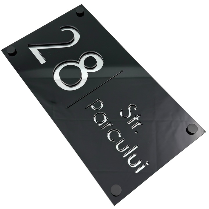 Placuta numar casa, Negru Lucios, Argintiu Oglinda, 4 Distantieri Negrii, 28x15cm