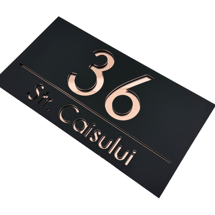 Placuta numar casa, Negru Satinat, Roze Auriu Oglinda, 28x15cm