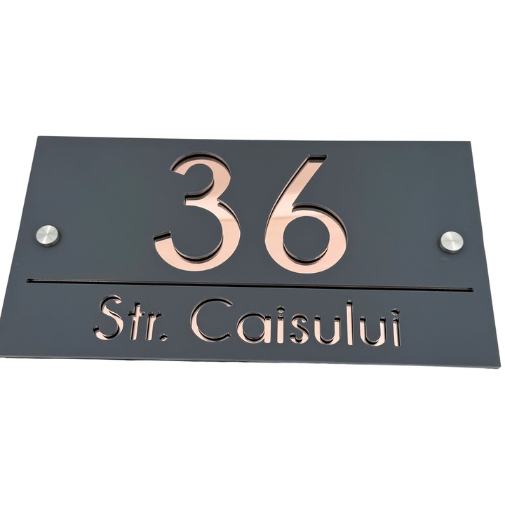 Placuta numar casa, Gri Satinat, Roze Auriu Oglinda, 2 Distantieri Argintii, 28x15cm