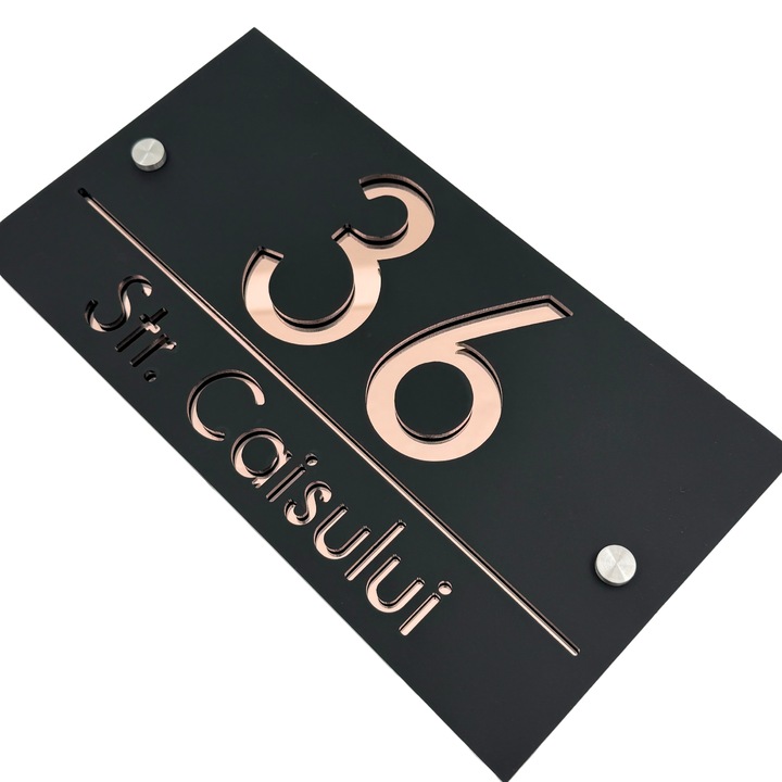 Placuta numar casa, Negru Satinat, Roze Auriu Oglinda, 2 Distantieri Argintii, 28x15cm